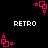Pixelated pink square icons with small dots rotate around a central black background, each paired with white 'RETRO' text in a