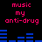Pixelated text and blue audio equalizer bars on black background, with pink text repeating 'music my anti-drug' and blue bars shifting horizontally across two
