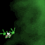 Green animated character with multiple limbs and a large mouth, expanding from small to full size against dark green background.