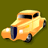 Pixelated yellow-orange vintage car with dark blue fenders, white headlights, and black tires on a solid olive-green background.
