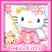 Hello Kitty in pink dress with flower crown holding wand, small bear beside her, 'Hellokitty' text below on pink background.
