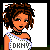 Pixelated character with curly brown hair, orange skin, and red eyes wearing a white sleeveless top with DKNY text and black choker necklace.