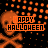 Orange pixelated skull and crossbones pattern with 'HAPPY HALLOWEEN' text in orange block letters on black background.