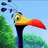 Pixelated bird head with yellow beak transitioning to red tip, black neck, green foliage background, and blue sky with small dark shapes.