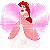 Pixelated animated contact sheet showing three frames of a Disney princess character with red hair in a pink and white gown against heart-shaped backgrounds.