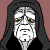 Pixelated character with white face, black hooded cloak, and yellow teeth in six sequential expressions against maroon background.