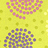 Pixelated static image with two distinct clusters of colored squares on a yellow background, one pink cluster at top and one purple cluster at bottom, with scattered green squares.