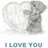 A pixelated gray teddy bear with a blue eye holds a white heart shape, below which is the text 'I LOVE YOU' in light blue block letters.