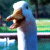Pixelated close-up of a blue bird with white head and brown beak, set against blurred green and dark background.