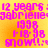 Pixelated text in bright pink on a yellow-orange gradient background, displaying '12 years', 'gabrielle', '1998', 'F 18-98', and 'snow!!' with repeated patterns.
