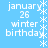 Light blue background with white pixelated text reading "january 26 winter birthday" and vertical snowflake borders on both sides.