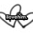 Pixelated grayscale icon with a black rectangular bar containing the text 'love him.' overlaid on abstract curved lines.