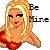 Pixelated image of a smiling woman with long blonde hair wearing a red top, with text 'Be Mine' in black block letters to the right.