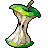 Pixelated apple core with green leafy top and brown stem, rendered in 8-bit style against gray background.
