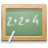 Pixelated green chalkboard with light brown wooden frame showing '2+2=4' in white chalk, a white chalk stick resting at bottom left.