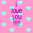 Pixelated pink background with light blue hearts and purple text reading "i love you !!!!" in multiple positions.