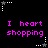 Black background with pink text reading "I heart shopping" and white star icons with dotted lines in four corners.