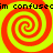 Four identical red and yellow spiral patterns arranged in a with black text reading "im confused" repeated horizontally across the top and bottom edges