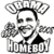 A pixelated image of a smiling person with raised arms, wearing a black shirt and white collar, above the text "HOMEBOY" in blocky letters.