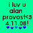 Pixelated text on a bright green background with blue star symbols, showing 'i luv u alan provost<3 4.11.08!' and two variations of the star arrangement.