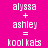 Pixelated text displays 'alyssa + ashley = kool kats' across four color backgrounds: bright pink, dark purple, black, and deep magenta.