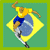 Animated pixel art of a soccer player in yellow and blue uniform kicking a black-and-white ball against green background with yellow diamond shape.