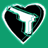 Green background with heart-shaped outline containing a white handgun silhouette, next to a person's face with dark hair and red eye makeup.