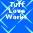 Blue background with light blue diamond pattern and white text "Tuff Love Works" in four quadrants