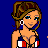 Pixelated cartoon woman in Tommy Hilfiger bikini with red/white/blue stripes, standing against blue background with text about being a model.