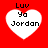 Red background with four white heart shapes containing black pixelated text reading "Luv Ya Jordan" in a
