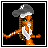 A 4x3 contact sheet of an animated AIM buddy icon showing a pixelated character with orange skin, green eyes, and braided hair wearing a gray cap and white top across multiple frames.