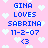 Pixelated pink background with white hearts and blue text reading 'GINA LOVES SABRINA 11-2-07 <3' repeated twice in a