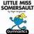 Pixelated blue character with yellow hair and brown accents running, labeled 'Gymnastica' below, under 'LITTLE MISS SOMERSAULT' text.
