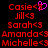 Red pixelated text lists names with heart symbols on black background, one name featuring a pink heart icon.