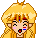 Pixel art character with blonde hair and red-blue forehead markings, showing five distinct facial expressions across a