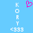 Pixelated blue background with white text 'KORY' vertically on both sides and '<333' at the bottom, a pink heart symbol in the center.