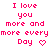 Pixelated pink text on white background repeats 'I love you more and more everymor eeveryday' with heart symbols, arranged in three