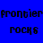 Four display pixelated text 'frontier rocks' on blue, light purple, white, and light purple backgrounds