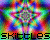 A vibrant, kaleidoscopic pattern with repeating star-shaped motifs in rainbow colors and pixelated text reading 'skittles', 'taste the', and 'rainbow' across three horizontal sections.