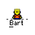 Pixelated cartoon character with yellow hair and orange shirt, multiple variations of speech bubbles above head showing text like DONT HAVE A COW MAN!!! EAT MY SHORTS.