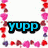 Pixelated icon with four distinct sections: top-left text 'yupp', bottom-left heart-shaped 'love' design, top-right single letter 'i', and bottom-right 'jake!!' over colorful hearts.