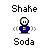 Pixelated character in blue outfit with red and white chest emblem, alternating between 'Shake' and 'Soda' text labels above.