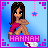 Pixel art contact sheet of four animated frames showing a cartoon woman with long brown hair in a pink top and white sneakers, seated against a blue background with purple square borders and hanging star decorations.