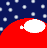 A character with orange pigtails and a pink dress floats against a dark blue background with white dots, holding a red umbrella and black top hat, with yellow and orange balloons in the background.
