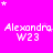 A bright pink background with white text reading "Alexandra W23" repeated in a pattern, surrounded by small white and light purple stars