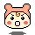 Pixel art character with peach hair, brown spiral mark on forehead, black eyes, pink cheeks, and open mouth showing pink tongue.