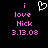 Pixelated icon with pink text and a white heart symbol on black background.