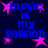 Blue text reading "music is my passion" surrounded by pink stars on a dark blue background, arranged in four identical quadrants.