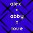 Blue background with black diamond-shaped pattern and white pixelated text reading "alex + abby = love" repeated in four identical sections