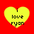 Four yellow heart-shaped icons with black text 'i love ryan' on a red background, arranged in a